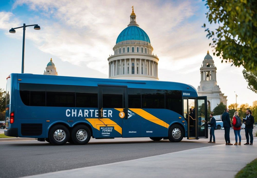 A charter bus parked in front of a Salt Lake City landmark, with passengers boarding and using Bitcoin to pay for their tickets