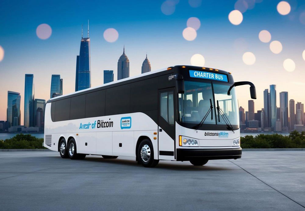 A charter bus parked in front of a futuristic city skyline, with a digital display on the side showing the acceptance of Bitcoin as a payment method