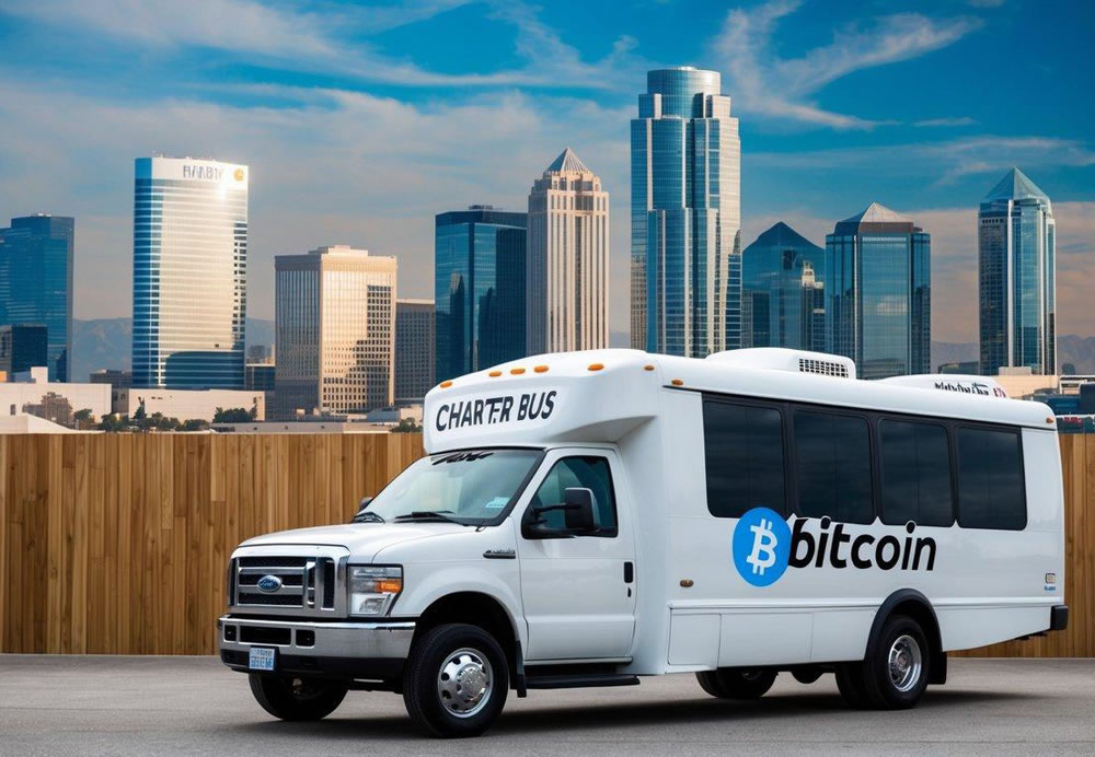 A charter bus parked in front of a Salt Lake City backdrop, with a Bitcoin symbol displayed prominently on the side of the bus