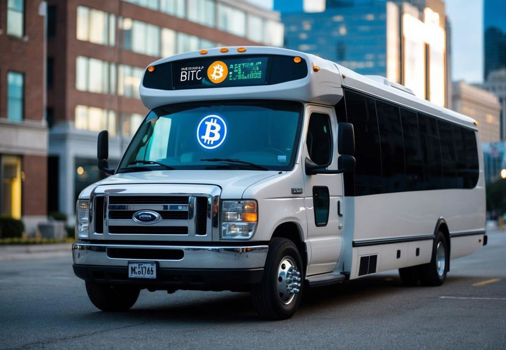A charter bus parked in a city setting, with a digital screen displaying Bitcoin logo and a QR code for payment