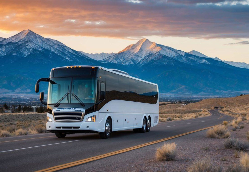 A charter bus with spacious seating and modern amenities travels through scenic mountain landscapes from Salt Lake City to Park City, Utah