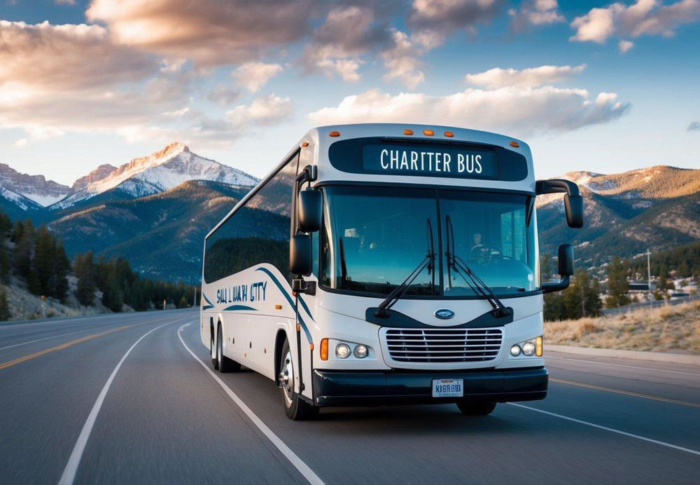 A charter bus driving through the scenic mountainous terrain from Salt Lake City to Park City, Utah