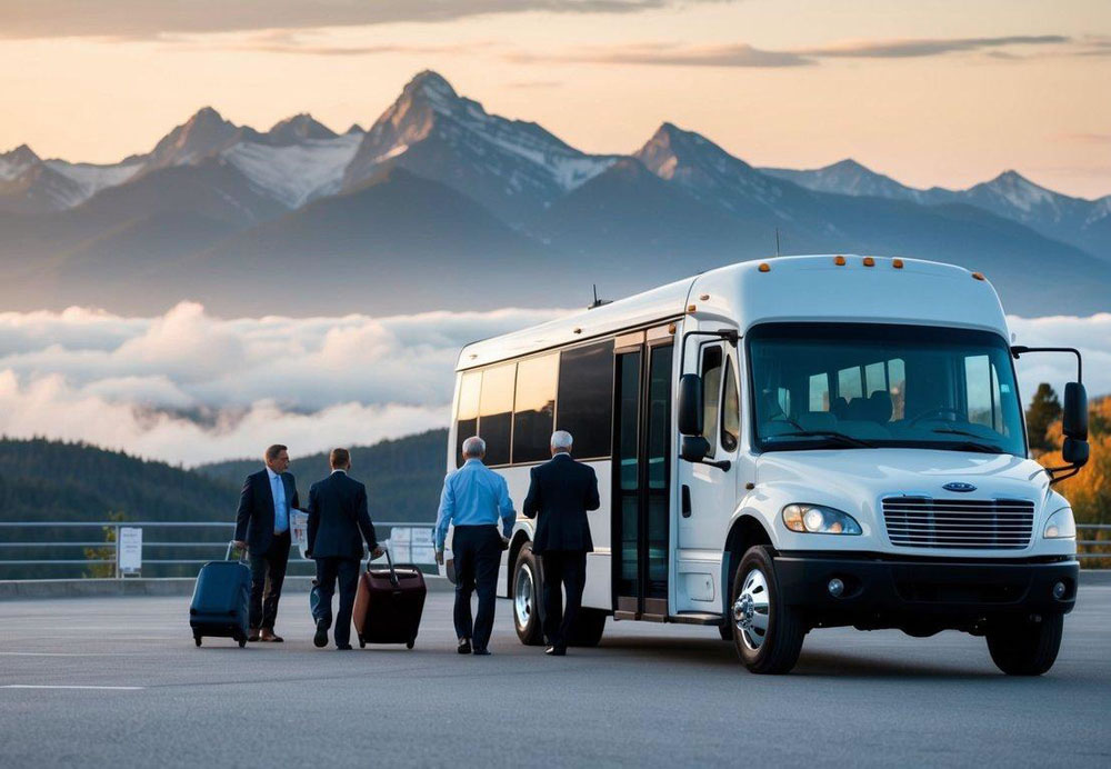 A charter bus parked in front of a scenic mountain backdrop, with passengers boarding and luggage being loaded