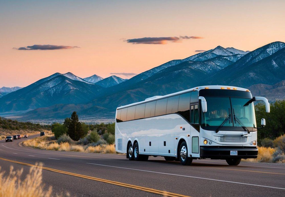 A charter bus travels through the scenic Utah mountains from Salt Lake City to Park City, offering specialized transportation for events and occasions